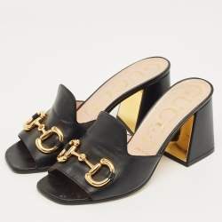 Pre Owned Gucci Black Leather Horsebit Slide Sandals Size 38