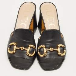 Pre Owned Gucci Black Leather Horsebit Slide Sandals Size 38