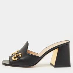 Pre Owned Gucci Black Leather Horsebit Slide Sandals Size 38