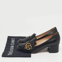 Pre Owned Gucci Black Leather GG Marmont Fringe Loafer Pumps Size 37