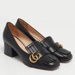 Pre Owned Gucci Black Leather GG Marmont Fringe Loafer Pumps Size 37