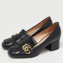 Pre Owned Gucci Black Leather GG Marmont Fringe Loafer Pumps Size 37