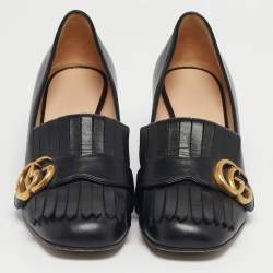Pre Owned Gucci Black Leather GG Marmont Fringe Loafer Pumps Size 37