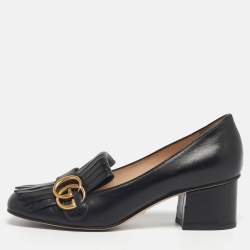 Pre Owned Gucci Black Leather GG Marmont Fringe Loafer Pumps Size 37