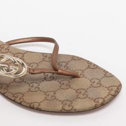 Pre Owned Gucci Brown Leather Interlocking GG Flat Thong Sandals Size 37.5