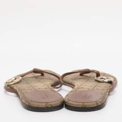 Pre Owned Gucci Brown Leather Interlocking GG Flat Thong Sandals Size 37.5