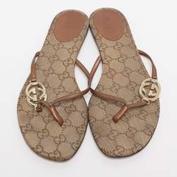 Pre Owned Gucci Brown Leather Interlocking GG Flat Thong Sandals Size 37.5