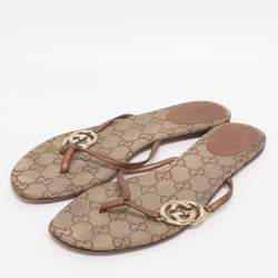 Pre Owned Gucci Brown Leather Interlocking GG Flat Thong Sandals Size 37.5