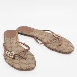 Pre Owned Gucci Brown Leather Interlocking GG Flat Thong Sandals Size 37.5