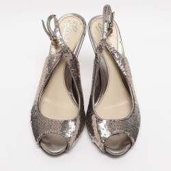 Pre Owned Gucci Silver Sequins Slingback Pumps Size 36