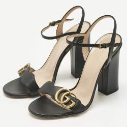 Pre Owned Gucci Black Leather GG Marmont Ankle Strap Sandals Size 36.5