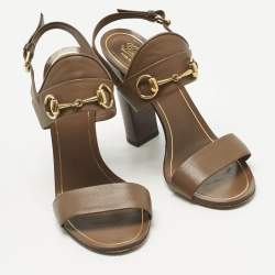 Pre Owned Gucci Brown Leather Horsebit Ankle Strap Sandals Size 37.5