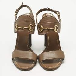 Pre Owned Gucci Brown Leather Horsebit Ankle Strap Sandals Size 37.5