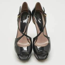 Pre Owned Gucci Black Patent Leather Platform Crisscross Strap Pumps Size 39