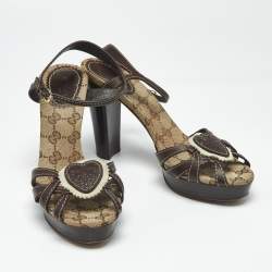 Pre Owned Gucci Brown GG Canvas and Leather Hysteria Ankle Strap Platform Sandals Size 38.5