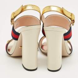 Pre Owned Gucci Multicolor Leather and Canvas Web Slingback Sandals Size 38.5