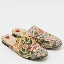 Pre Owned Gucci Multicolor Floral Print Canvas Princetown Horsebit Flat Mules Size 38