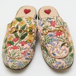 Pre Owned Gucci Multicolor Floral Print Canvas Princetown Horsebit Flat Mules Size 38