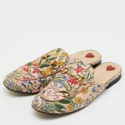 Pre Owned Gucci Multicolor Floral Print Canvas Princetown Horsebit Flat Mules Size 38
