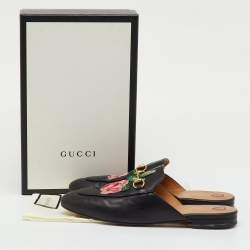 Pre Owned Gucci Black Leather Rose Embroidered Princetown Flat Mules Size 41.5