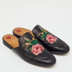 Pre Owned Gucci Black Leather Rose Embroidered Princetown Flat Mules Size 41.5