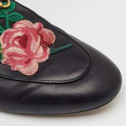 Pre Owned Gucci Black Leather Rose Embroidered Princetown Flat Mules Size 41.5