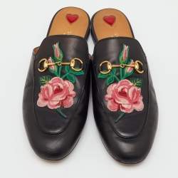 Pre Owned Gucci Black Leather Rose Embroidered Princetown Flat Mules Size 41.5