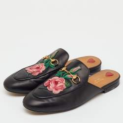 Pre Owned Gucci Black Leather Rose Embroidered Princetown Flat Mules Size 41.5