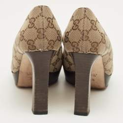 Pre Owned Gucci Beige/Brown GG Canvas and Leather Horsebit Platform Pumps Size 35.5