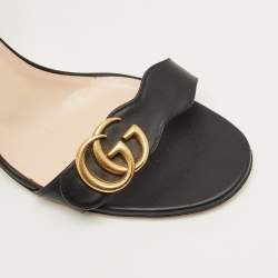 Pre Owned Gucci Black Leather GG Marmont Block Heel Ankle Strap Sandals Size 41