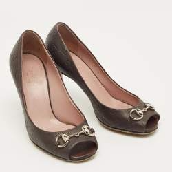 Pre Owned Gucci Brown Monogram Leather Jolene Horsebit Pumps Size 35