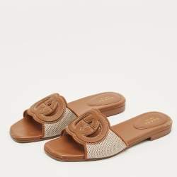 Pre Owned Gucci Brown/Beige Leather and Canvas Interlocking G Flat Slides Size 37