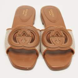 Pre Owned Gucci Brown/Beige Leather and Canvas Interlocking G Flat Slides Size 37