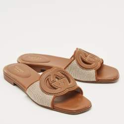 Pre Owned Gucci Brown/Beige Leather and Canvas Interlocking G Flat Slides Size 37