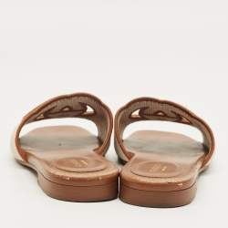 Pre Owned Gucci Brown/Beige Leather and Canvas Interlocking G Flat Slides Size 37