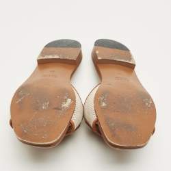 Pre Owned Gucci Brown/Beige Leather and Canvas Interlocking G Flat Slides Size 37