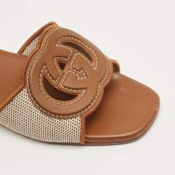 Pre Owned Gucci Brown/Beige Leather and Canvas Interlocking G Flat Slides Size 37