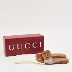 Pre Owned Gucci Brown/Beige Leather and Canvas Interlocking G Flat Slides Size 37