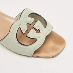 Pre Owned Gucci Pale Green Suede Interlocking G Flat Slides Size 37