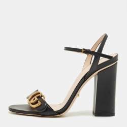 Pre Owned Gucci Black Leather GG Marmont Ankle Strap Sandals Size 37