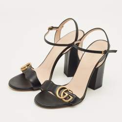 Pre Owned Gucci Black Leather GG Marmont Ankle Strap Sandals Size 37
