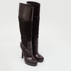 Pre Owned Gucci Dark Brown Leather and Calf Hair Knee Length Platform Boots Size 36.5