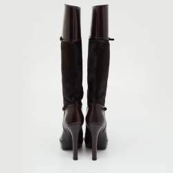 Pre Owned Gucci Dark Brown Leather and Calf Hair Knee Length Platform Boots Size 36.5