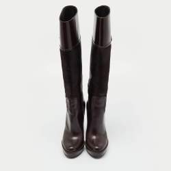 Pre Owned Gucci Dark Brown Leather and Calf Hair Knee Length Platform Boots Size 36.5