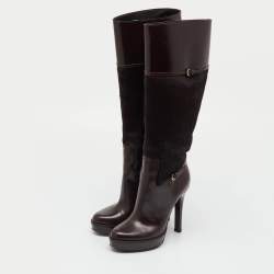 Pre Owned Gucci Dark Brown Leather and Calf Hair Knee Length Platform Boots Size 36.5