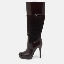 Pre Owned Gucci Dark Brown Leather and Calf Hair Knee Length Platform Boots Size 36.5