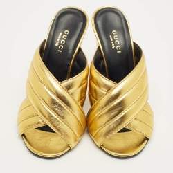 Pre Owned Gucci Metallic Gold Quilted Leather Webby Mules Sandals Size 35