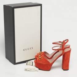 Pre Owned Gucci Orange Suede Horsebit Platform Ankle Strap Sandals Size 38