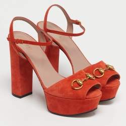 Pre Owned Gucci Orange Suede Horsebit Platform Ankle Strap Sandals Size 38