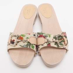 Pre Owned Gucci White Floral Print Canvas and Leather Icon Bit Wooden Clogs 38